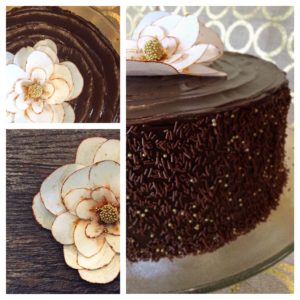 dark chocolate ganache cake with wafer paper magnolia