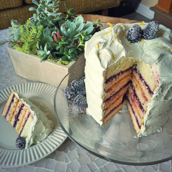 Lemon Blackberry Cake with Matcha Marshmallow Frosting