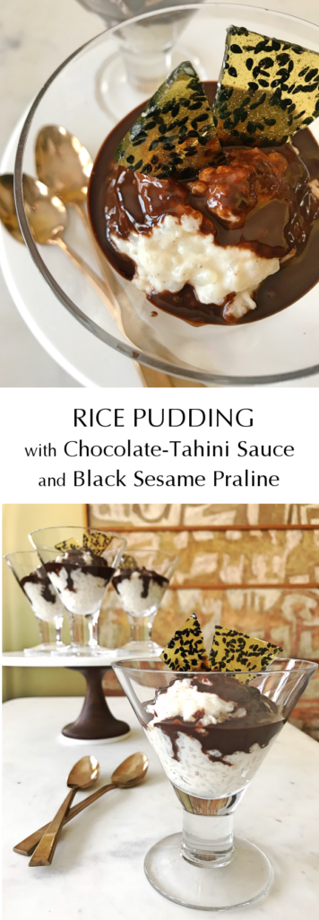 Rice Pudding with Chocolate-Tahini Sauce and Black Sesame Praline