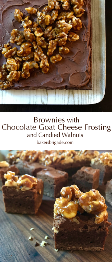 Brownie with Chocolate Goat Cheese Frosting and Candied Walnuts