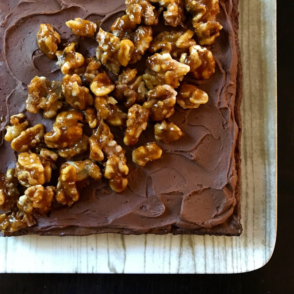 Brownie with Chocolate Goat Cheese Frosting and Candied Walnuts