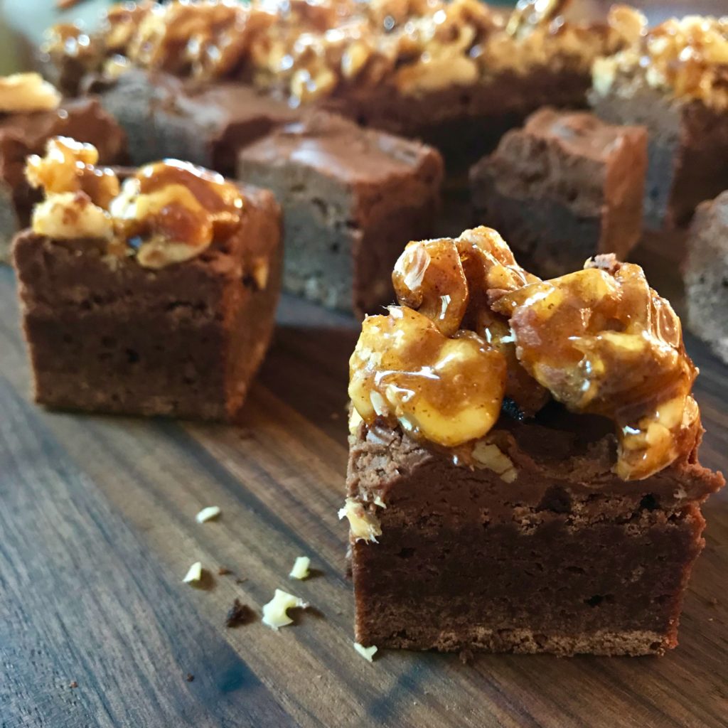 Brownie with Chocolate Goat Cheese Frosting and Candied Walnuts
