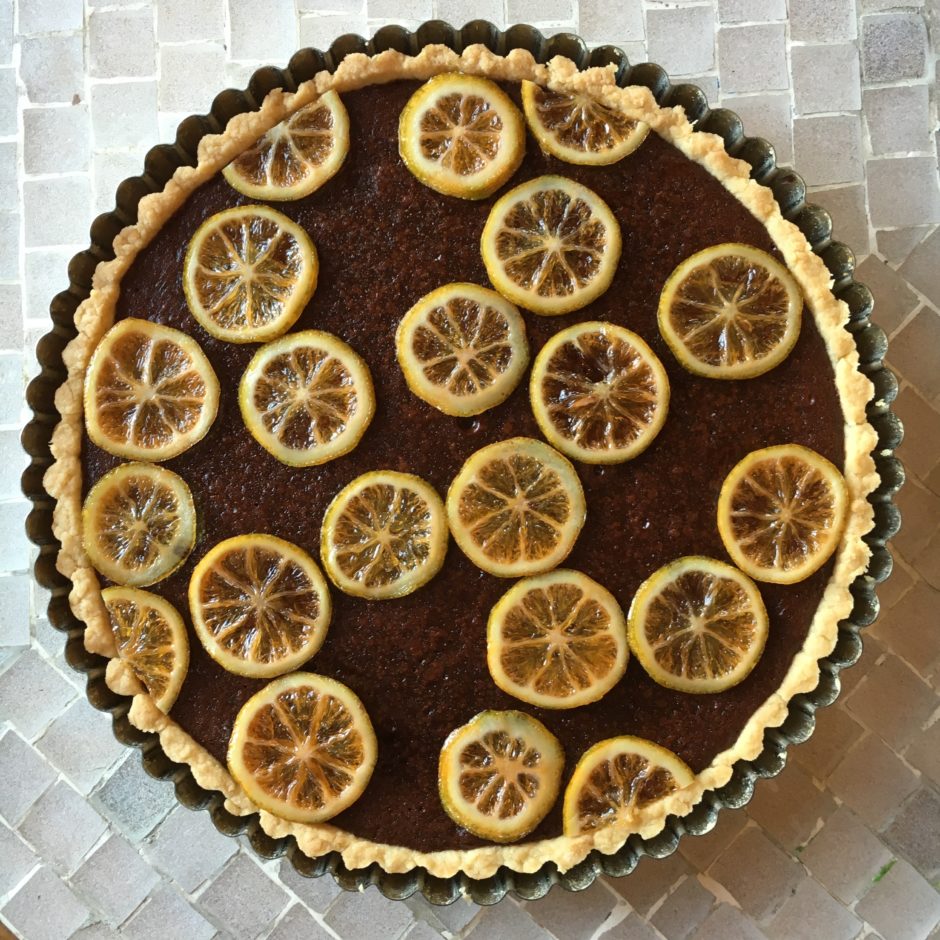 Chocolate Tart with Tea-Candied Pink Lemons