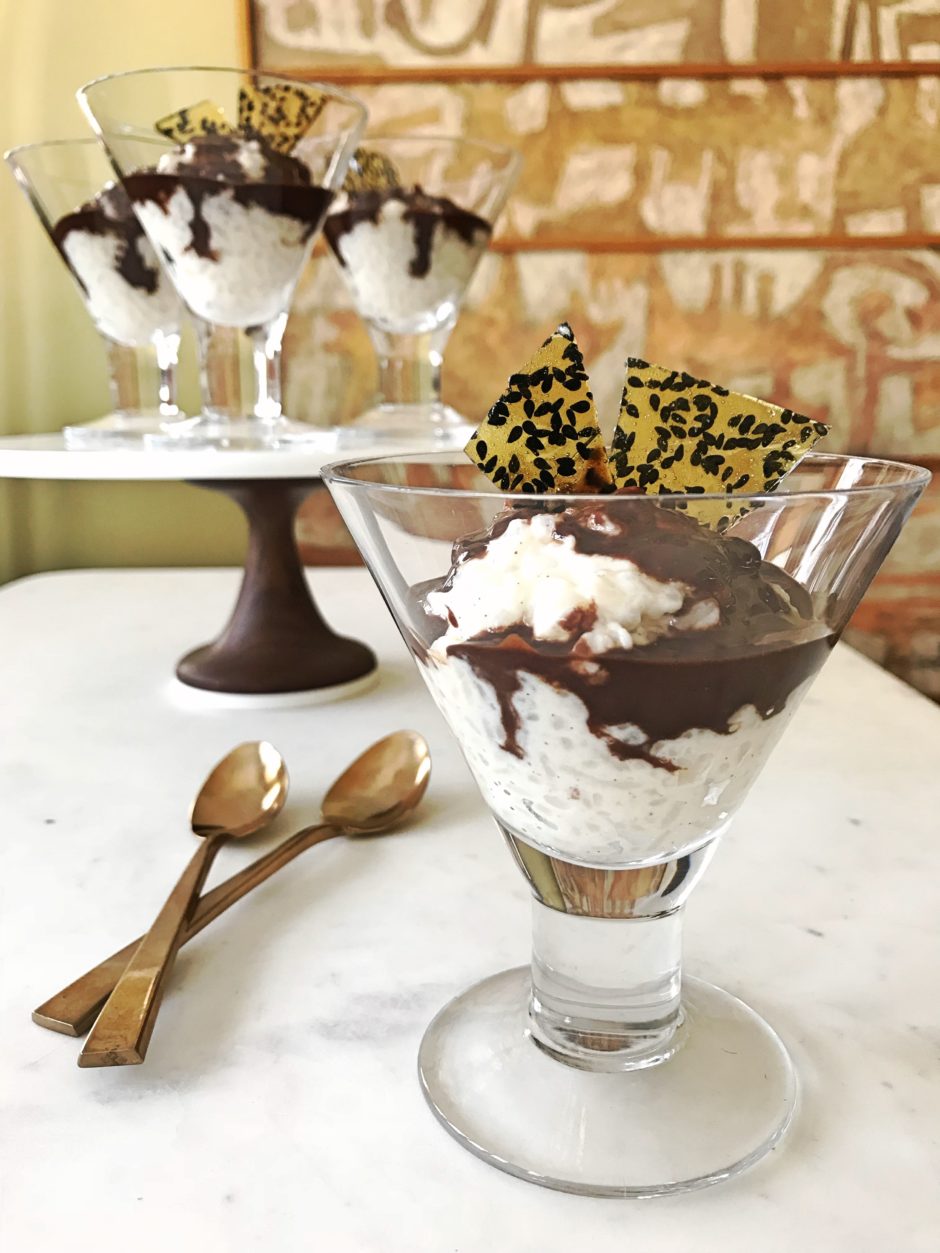 Rice Pudding with Chocolate-Tahini Sauce and Black Sesame Praline